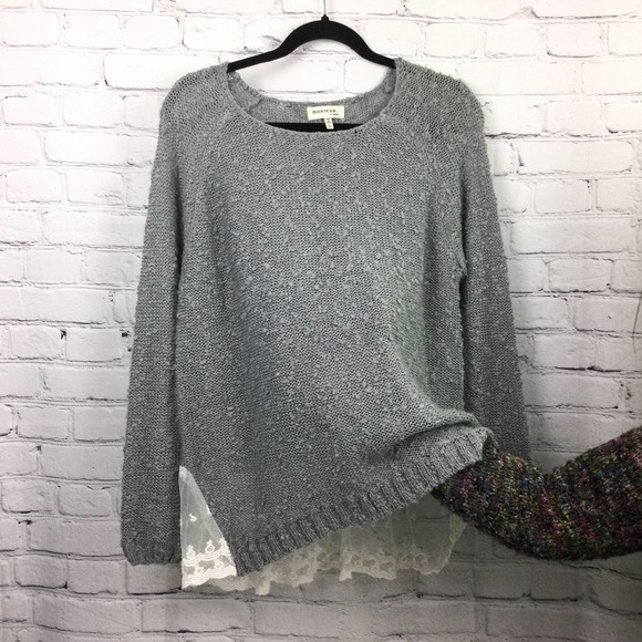 Monteau Los Angeles Grey Swiss Dot Lace Hem Boat Neck Pullover Sweater L - Picture 6 of 16